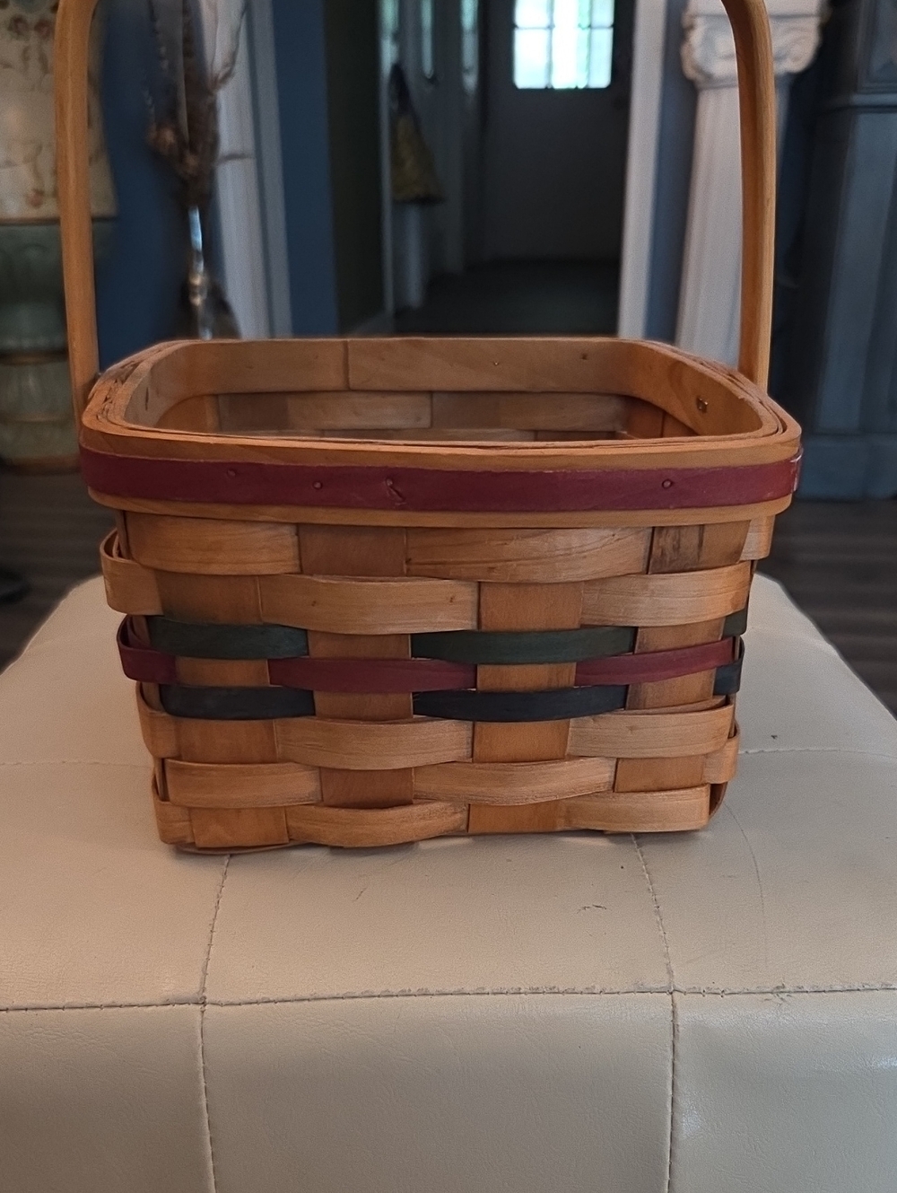 Handwoven Decorative Basket with Handle - Natural, Red, Green Accents